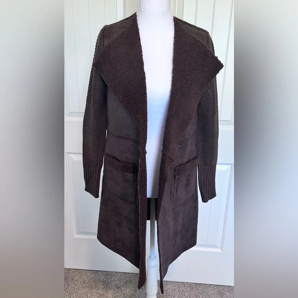 NWT Sweater Coat Pockets Faux Leather Sherpa Brown tones Sweater Back xs/sm